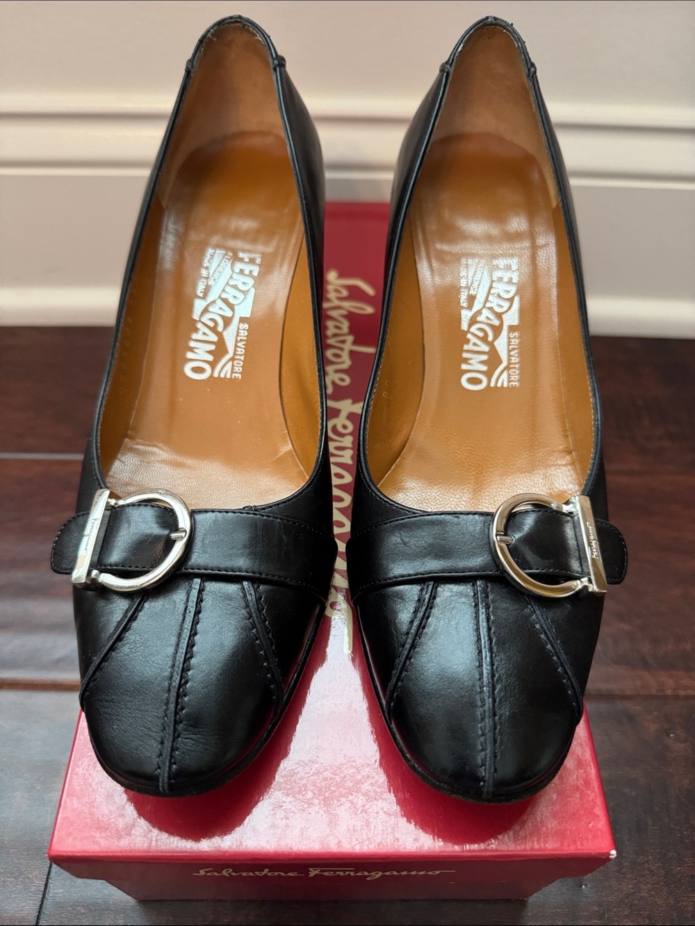 Salvatore Ferragamo Black Leather Buckle Pumps with Rounded Toe - 7.5B